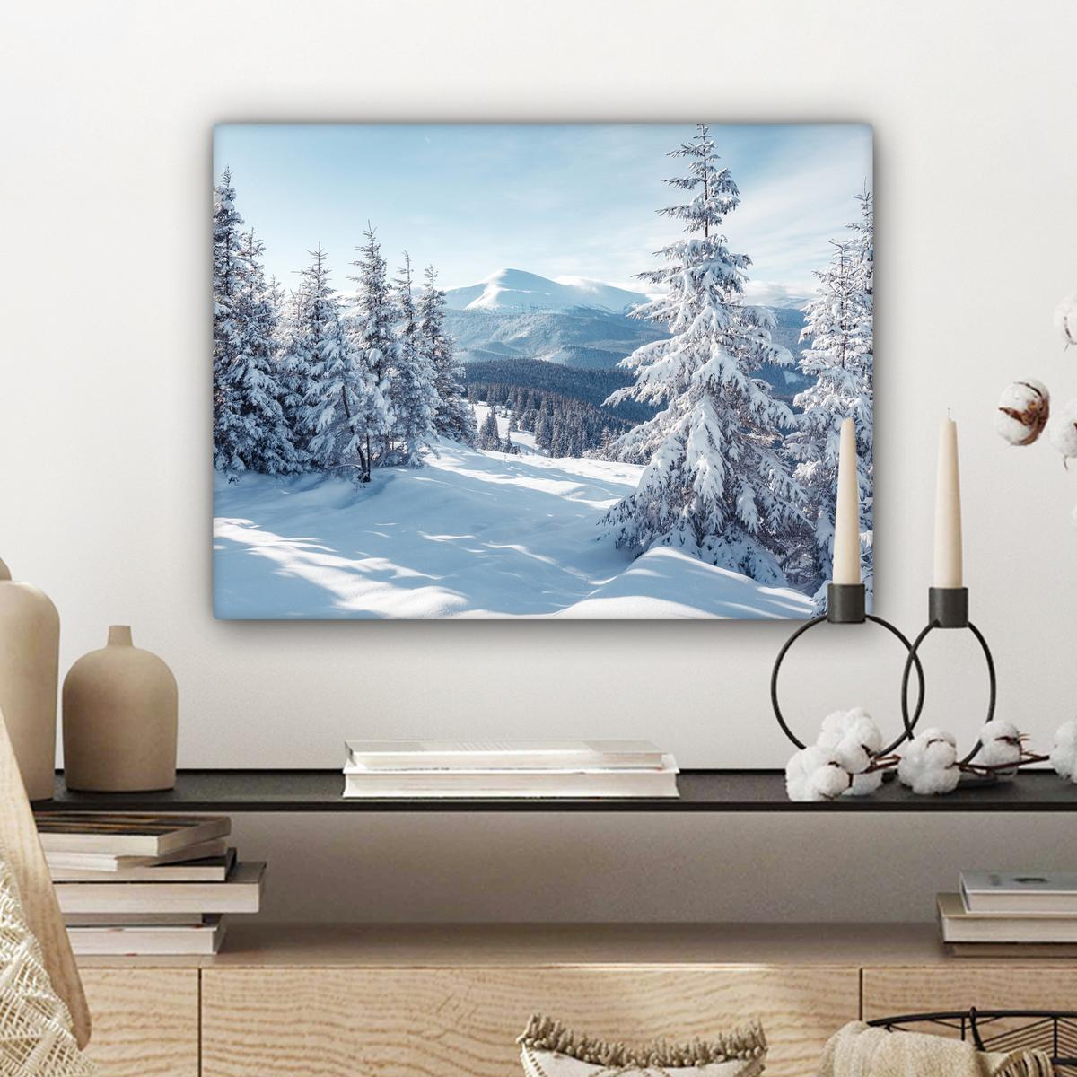 LEINWANDBILD Winterlandschaft - Natur - Berge - Bäume - Schnee Wandbild 40x30 cm - Hellblau, Textil (40/30cm) - MuchoWow