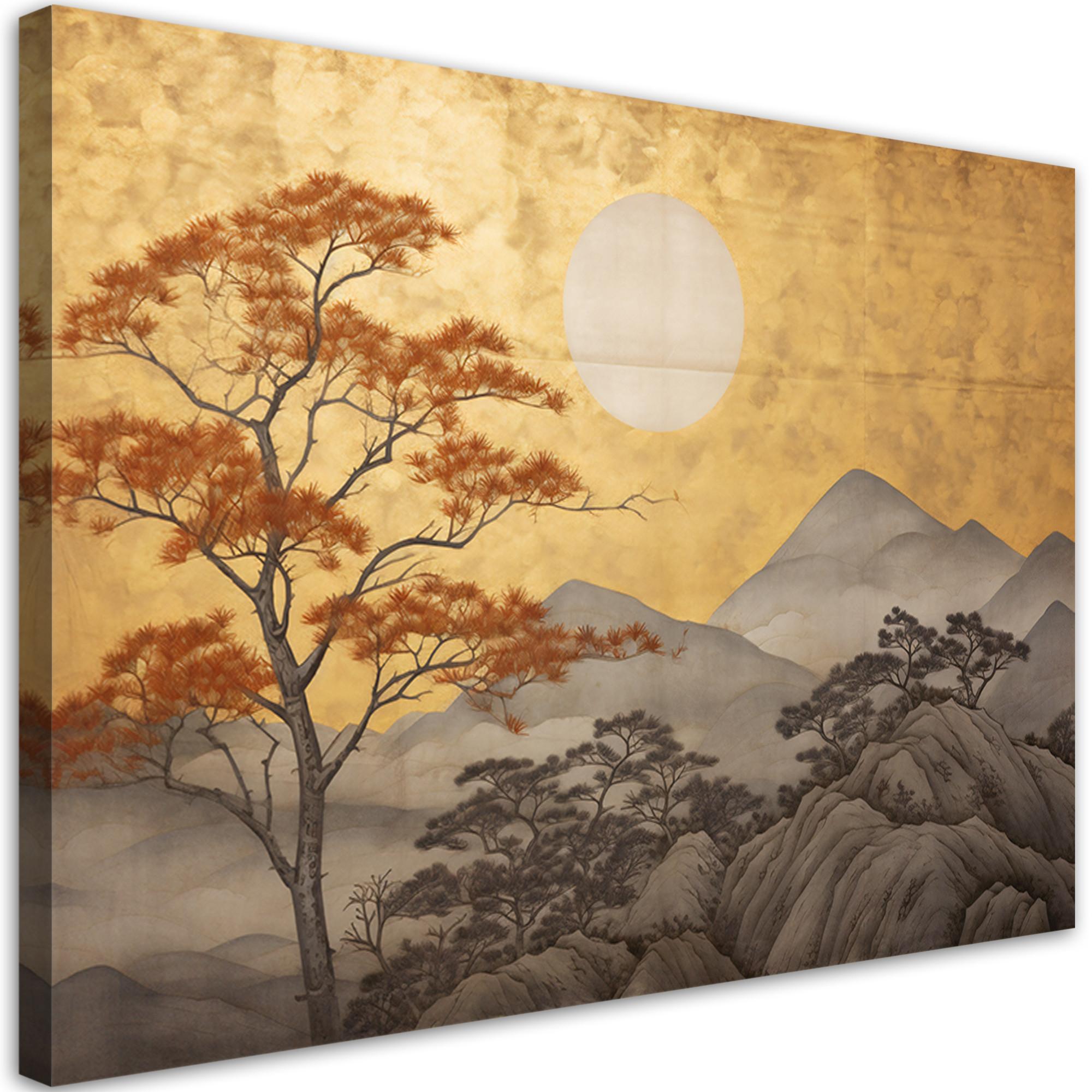 LEINWANDBILD Wohnzimmerdruck - Goldene Berglandschaft 120x80cm - Gelb, Textil (120/80cm) - Feeby