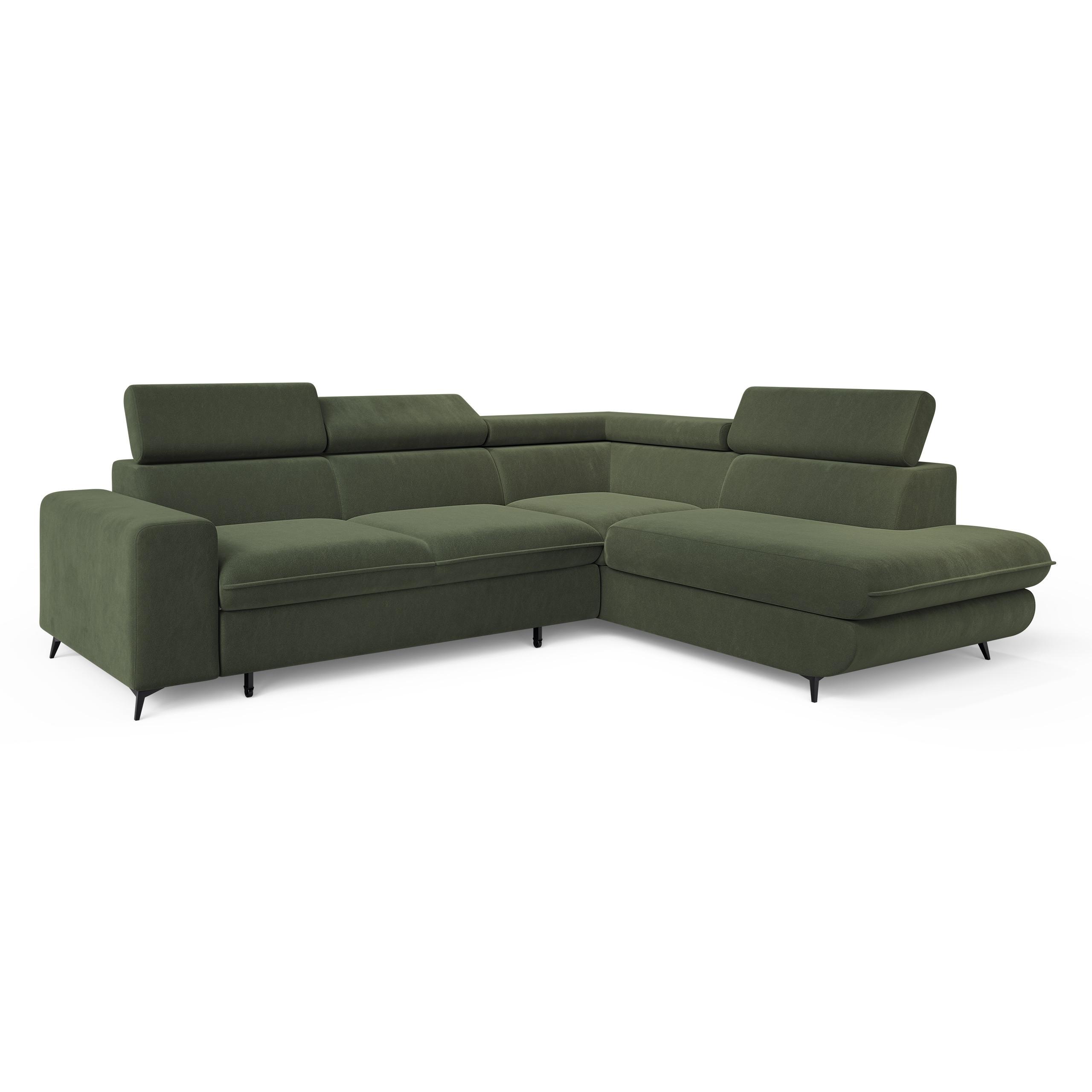 ECKSOFA VELISS Olivgrün Veloursstoff mit Schlaffunktion - Olivgrün, Holz (255/193cm) - MASSENO