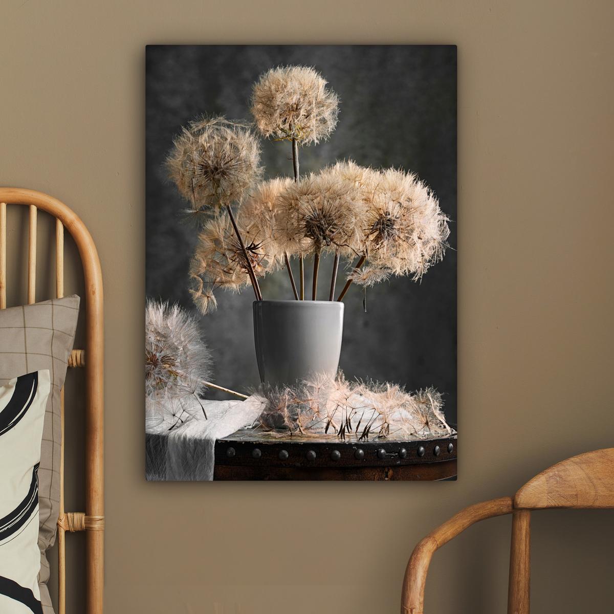 LEINWANDBILD Blumensamen - Löwenzahn - Vase - Stilleben - Blumenstrauß Wandbild Wohnzimmer 60x80 cm - Dunkelgrau, Textil (60/80cm) - MuchoWow