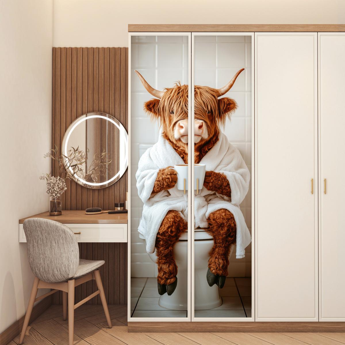 TÜRAUFKLEBER Schottischer Highlander - WC - Bademantel - Modern - Tiere 85x215 cm - Türtapete - Kastanienfarben, Kunststoff (85/0.1cm) - MuchoWow