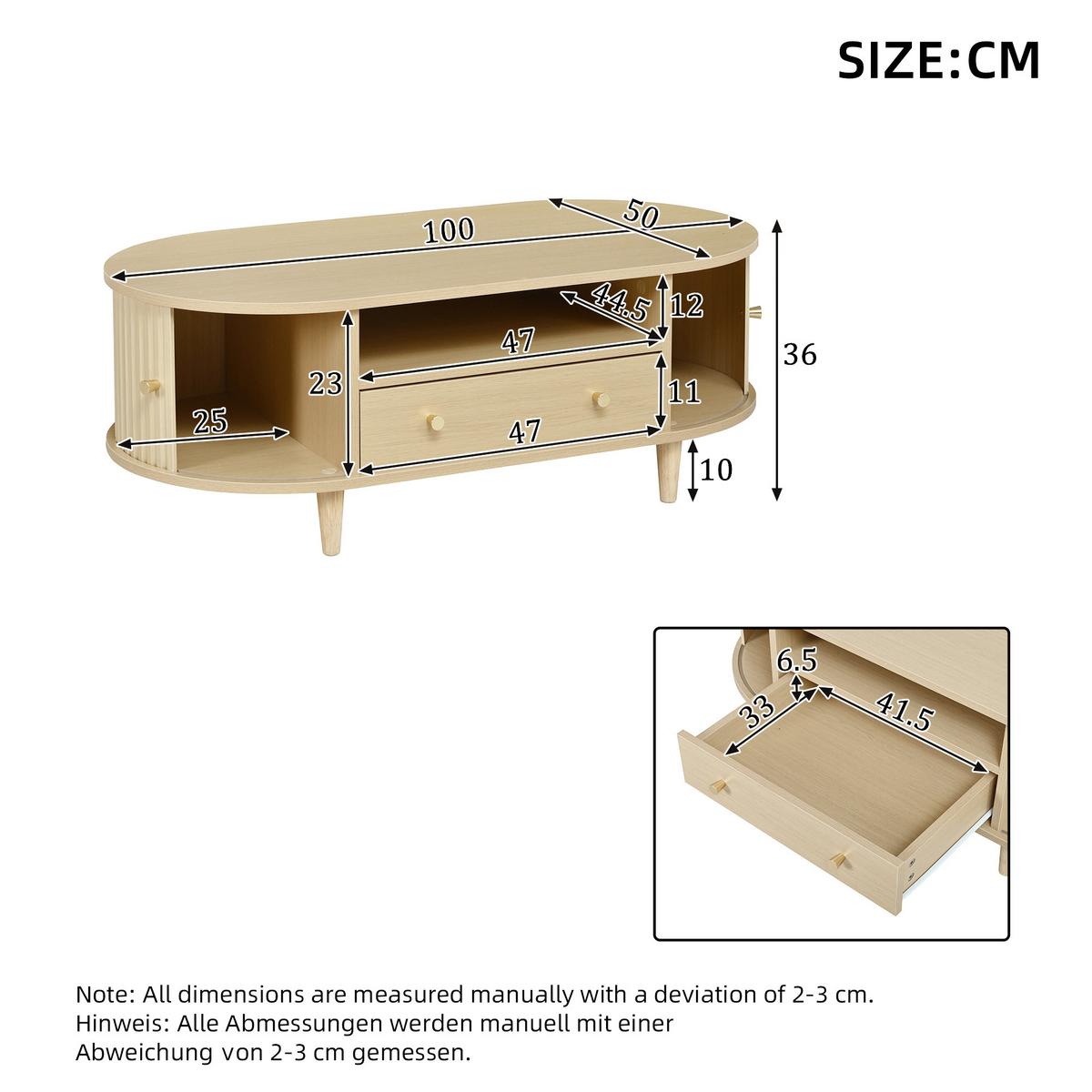 COUCHTISCH Ovales Design mit Rolltür & Schublade - Eichefarben, Holzwerkstoff (50/100/36cm) - Urban Meuble