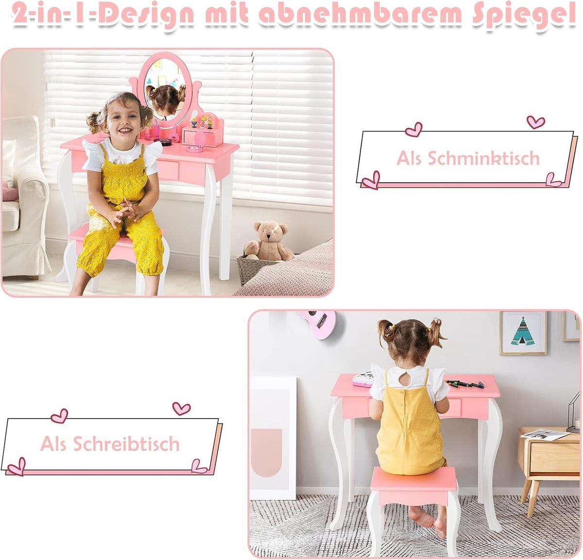 KINDER SCHMINKTISCH mit Hocker Pink - Pink, Holz (70/100/34cm) - COSTWAY