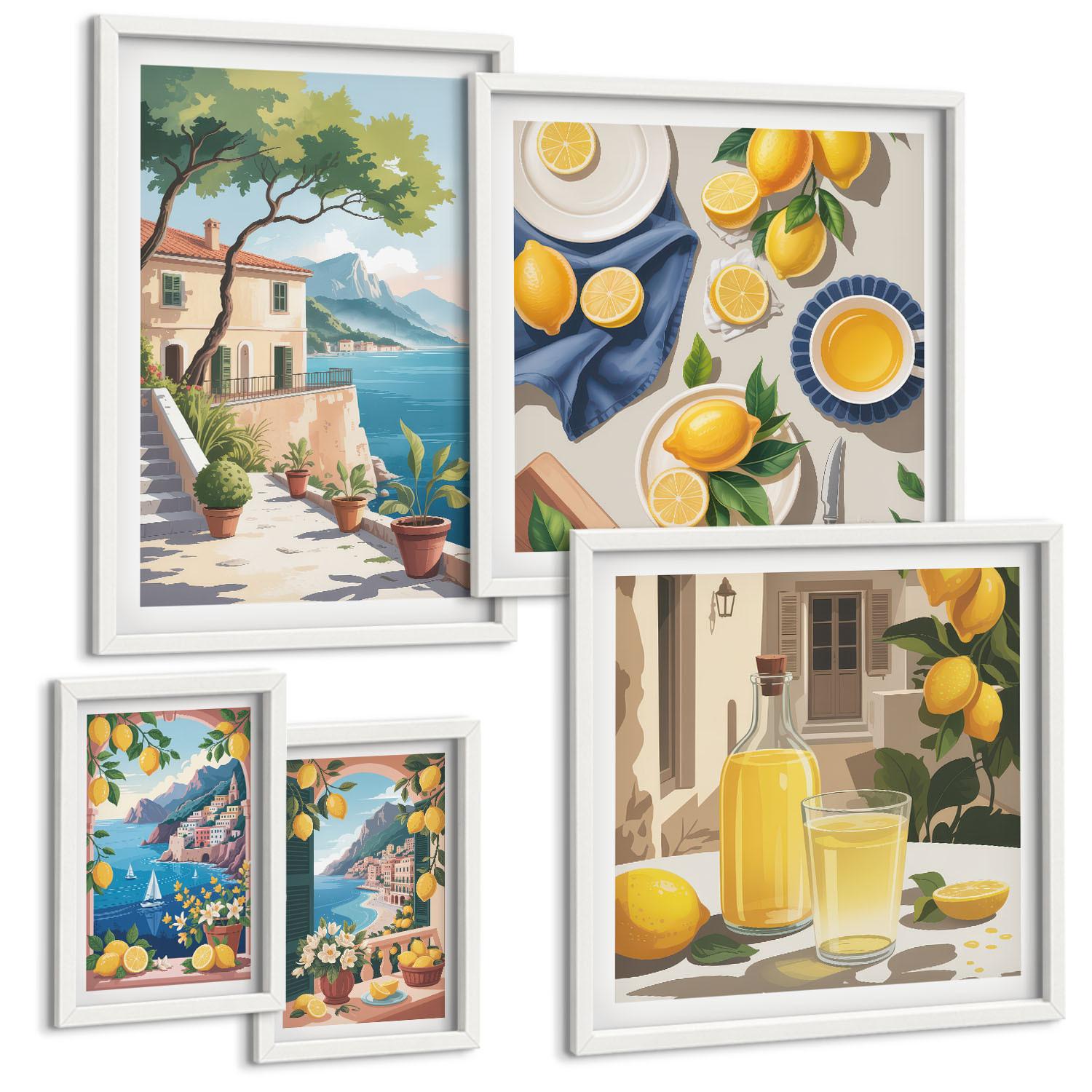 BILDER SET 5er Set - 50x50 cm & 20x30 cm & 40x60 cm Weißer Rahmen - Olivenblüten in Vasen Natur - Weiß, Kunststoff (40/60cm) - TULUP