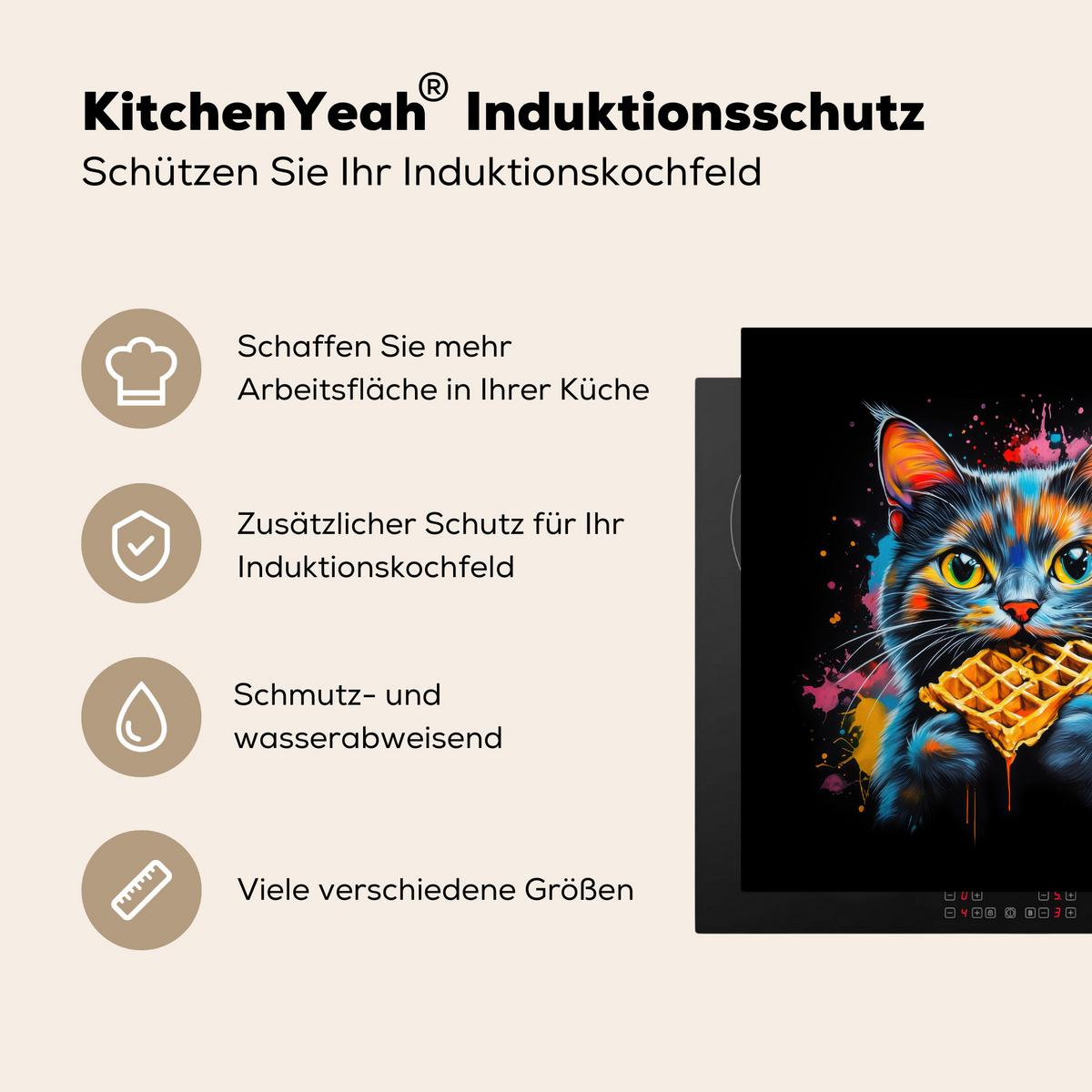 HERDABDECKPLATTE Katze - Graffiti - Bunt - Waffel - Essen Induktionsmatte 78x78 cm - Multicolor, Kunststoff (78/78/0.2cm) - MuchoWow