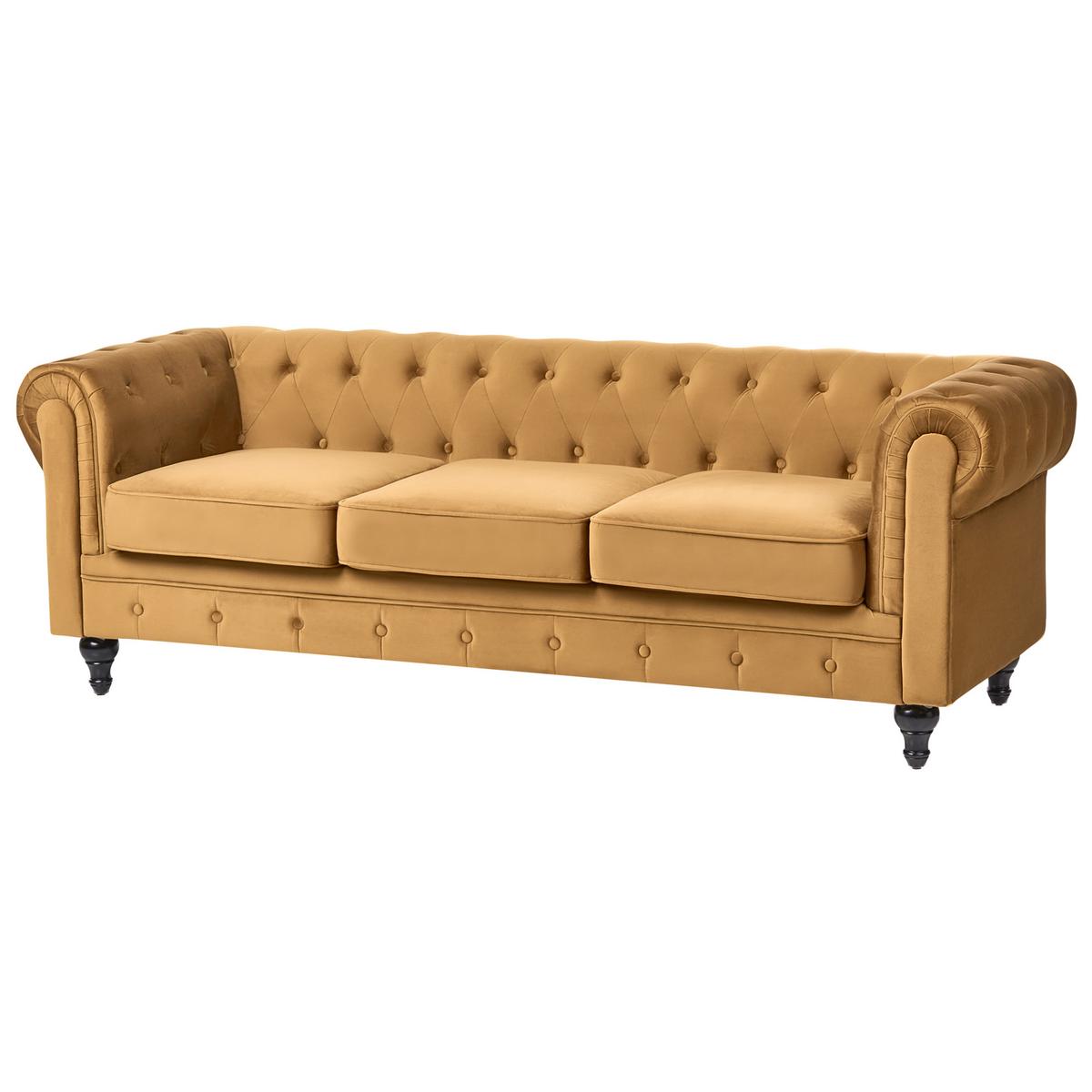 3-SITZER-SOFA Samtstoff Senfgelb Chesterfield - Gelb, Textil (201/70/75cm) - Beliani
