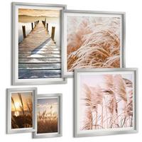 BILDER SET 5er Set - 50x50 cm & 20x30 cm & 40x60 cm Silberner Rahmen - Boho-Grasfeld-Sonnenuntergang - Silberfarben, Kunststoff (40/60cm) - TULUP