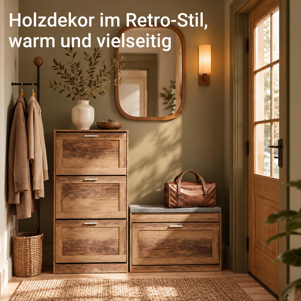 SCHUHSCHRANK Braun, nur 23 cm tief, 3 Klappen für ca. 12 Paar, offene Ablage oben, E1, bis 25 kg, für Flur & Diele - Silberfarben/Braun, Holzwerkstoff/Metall (60/115/23cm) - SoBuy