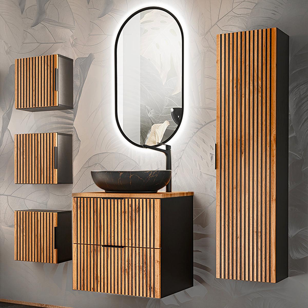 BADMÖBEL 60.6cm Gaia 2er-Set Holz in Eichenoptik und Schwarz - Braun, Holzwerkstoff (60.6/59/46cm) - Petits-meubles