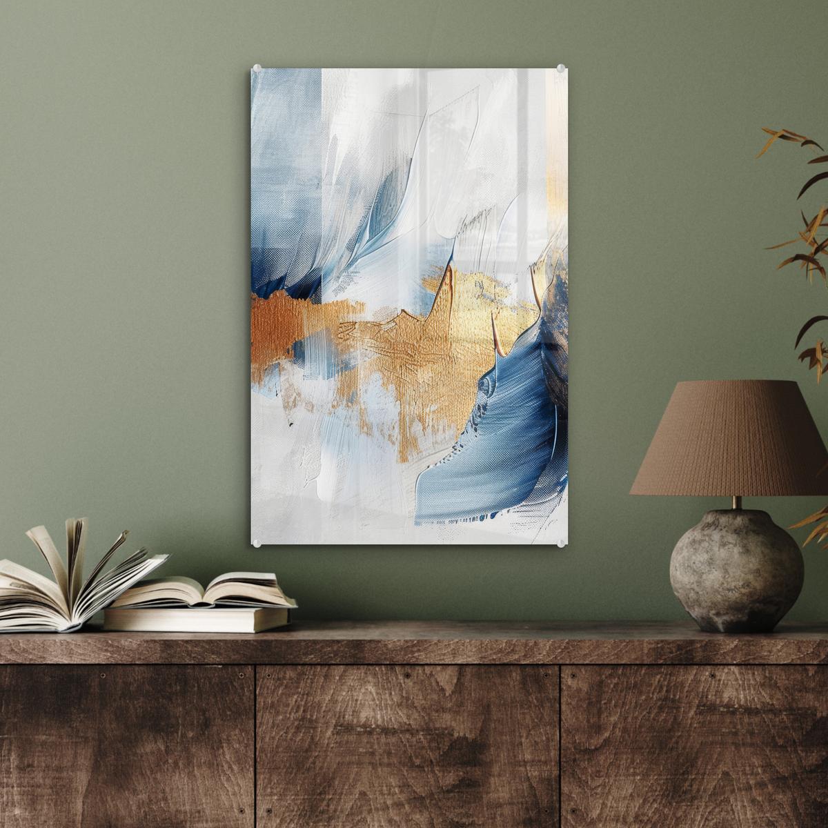 ACRYLGLASBILD Gold - Blau - Aquarell - Kunst - Modern Wanddeko Wohnzimmer 40x60 cm - Hellblau, Glas (40/60cm) - MuchoWow