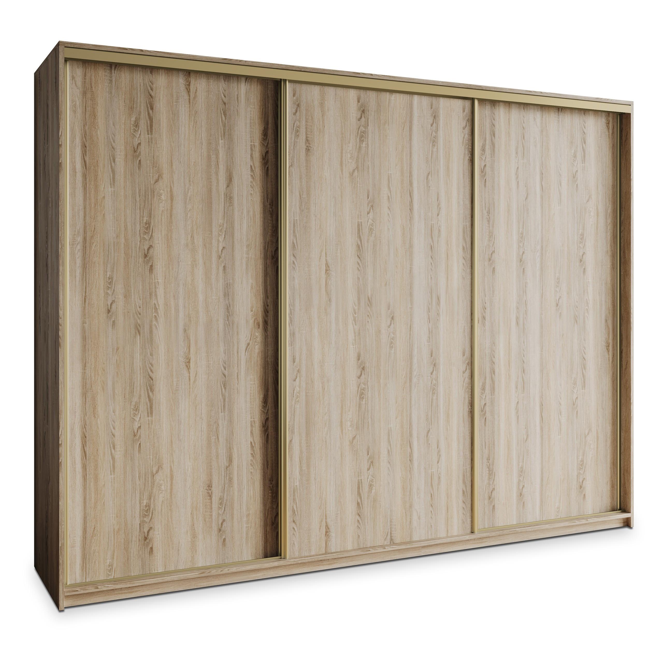 SCHWEBETÜRENSCHRANK NISSE 250/205/60 cm 3-türig mit Schubladen Sonoma Eiche - Goldfarben/Sonoma Eiche, Holzwerkstoff (250/205/60cm) - MASSENO