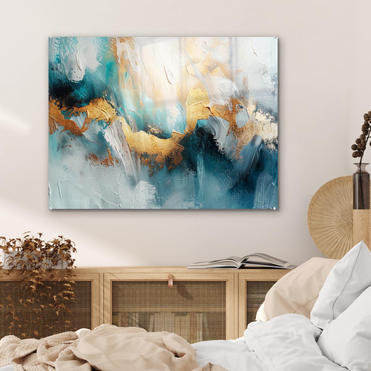 ACRYLGLASBILD Abstrakt - Kunst - Gold - Blau 80x60 cm - Petrol, Glas (80/60cm) - MuchoWow