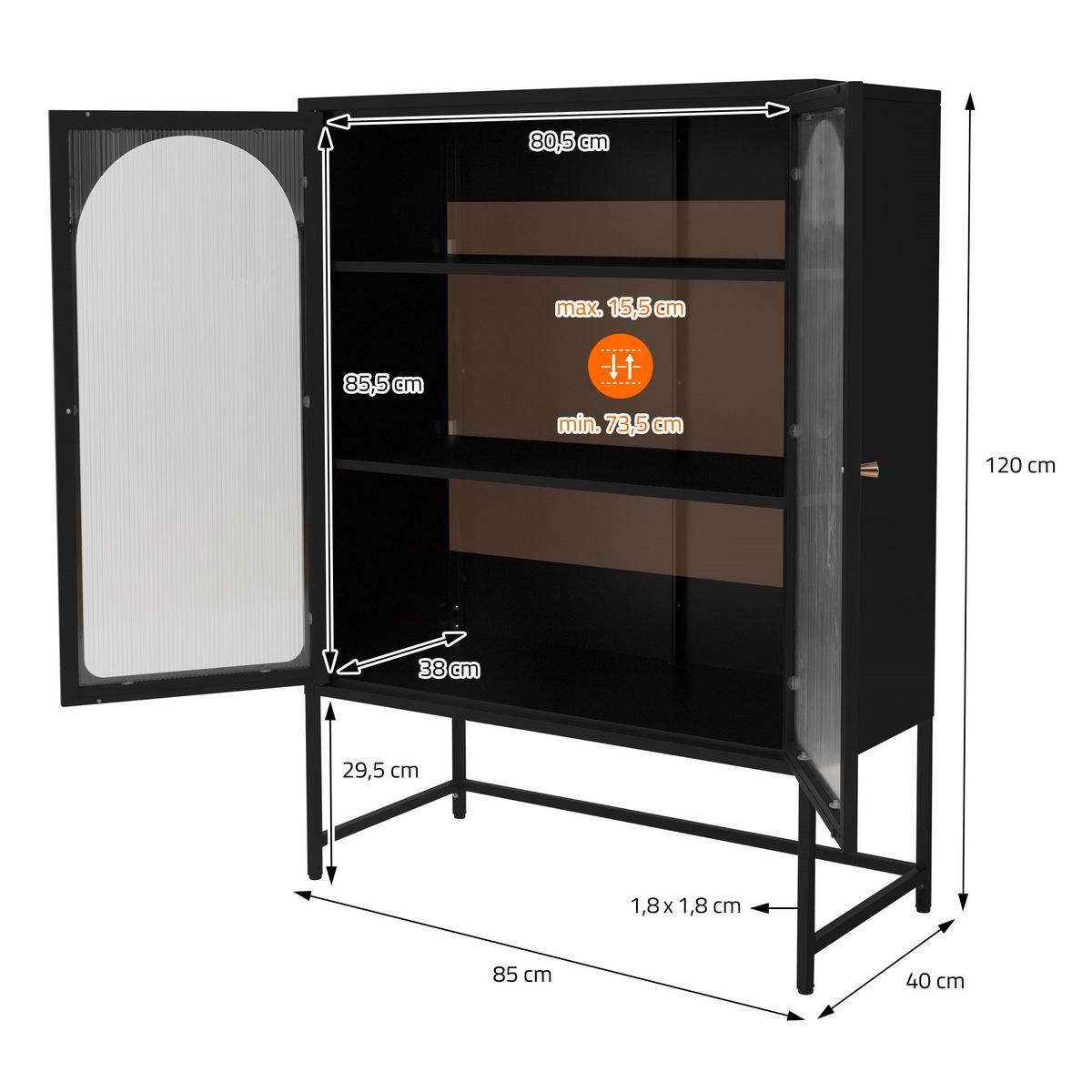 VITRINENSCHRANK 85 x 120 x 40 cm Schwarz aus Stahl - Schwarz, Metall (85/120/40cm) - ML-DESIGN