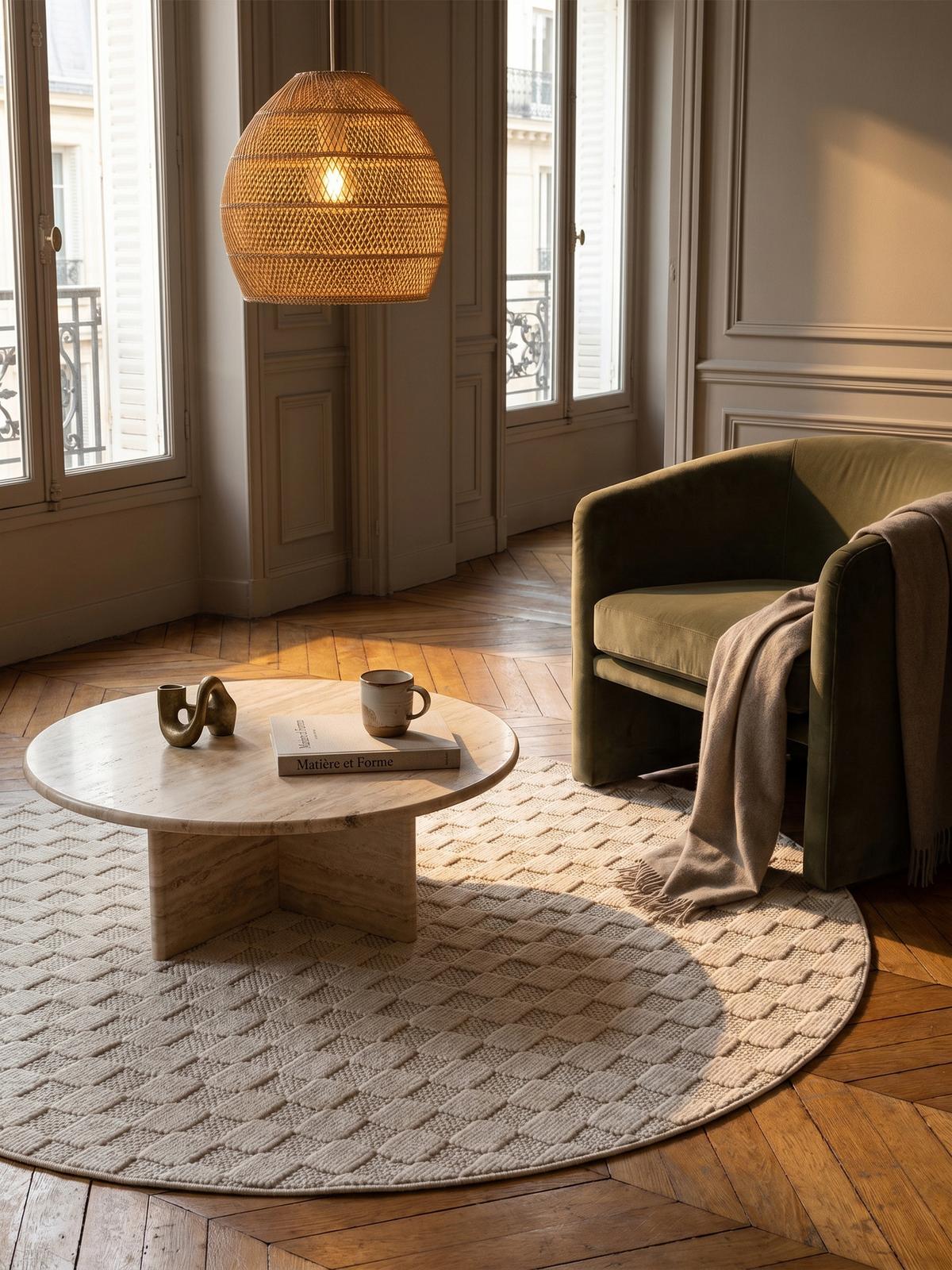 TEPPICH Flachgewebe LANGAU in Creme, mit Schachbrettmuster, Ø 120 cm - Creme, Textil (120/120cm) - KADIMA DESIGN