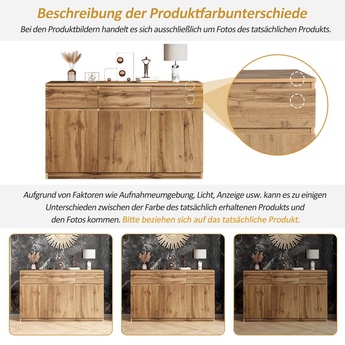 SIDEBOARD Holzoptik Natur 135cm mit 3 Türen & 3 Schubladen - Naturfarben, Holzwerkstoff (135/81/40cm) - Urban Meuble