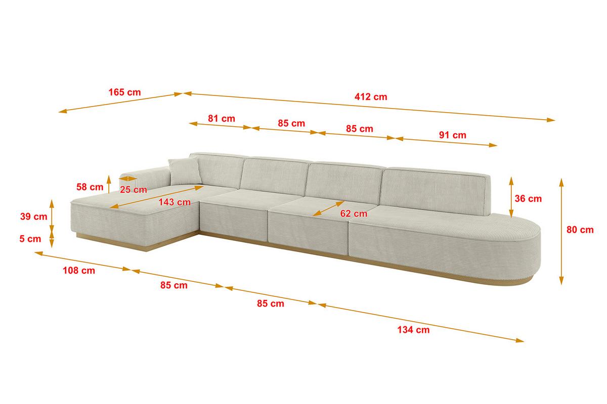 ECKSOFA Ottomane Links IREA-L3-v2 - 412x165x80 cm Creme - Ecru/Creme, Holzwerkstoff/Textil (412/165cm) - ALTDECOR