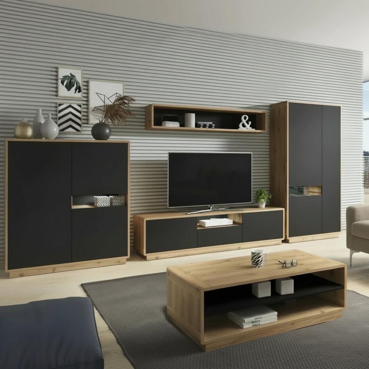 SIDEBOARD Raven Mattschwarz und Holz - Schwarz, Holzwerkstoff (121/126/40cm) - Petits-meubles