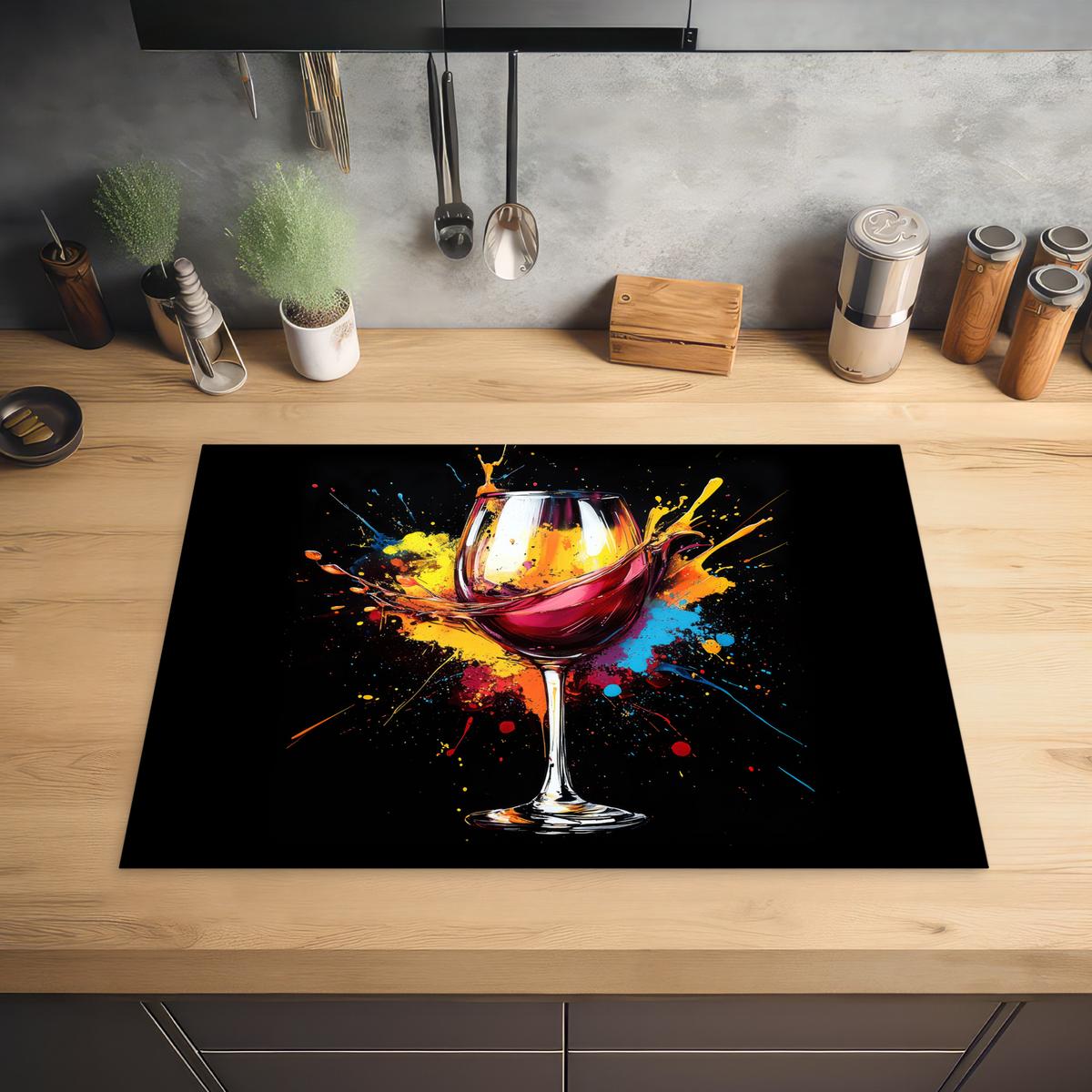 HERDABDECKPLATTE Wein - Glas - Graffiti - Getränk - Rot - Farbe Herdabdeckung Induktionsfeld 75x52 cm - Weinrot, Kunststoff (75/52/0.2cm) - MuchoWow