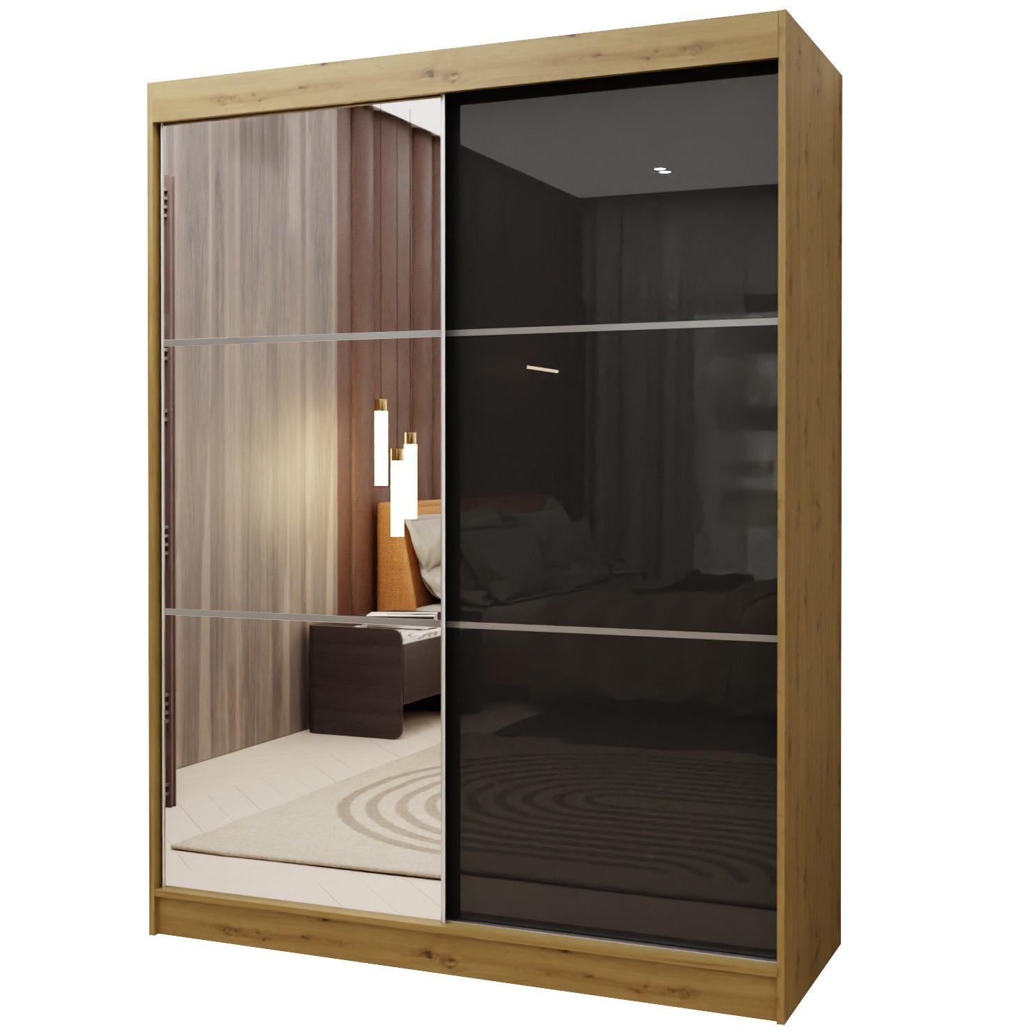 SCHWEBETÜRENSCHRANK VITALE 160/216/61 cm 2-türig mit Spiegel Eiche Artisan - Schwarz/Eiche Artisan, Holzwerkstoff (160/216/61cm) - MASSENO