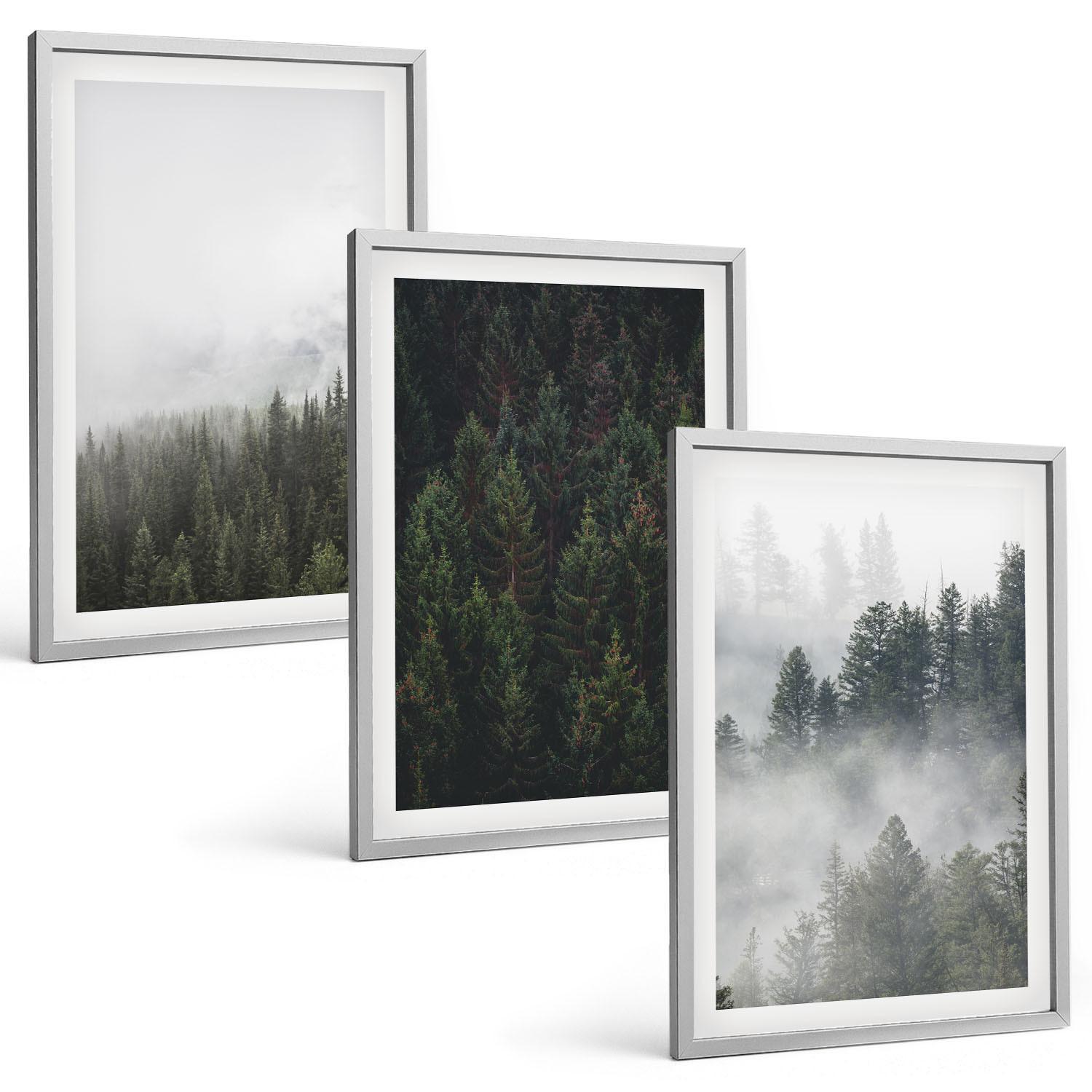 BILDER SET 3er Set - 40x60 cm Silberner Rahmen - Grüne Wälder Nebel Natur - Silberfarben, Kunststoff (40/60cm) - TULUP