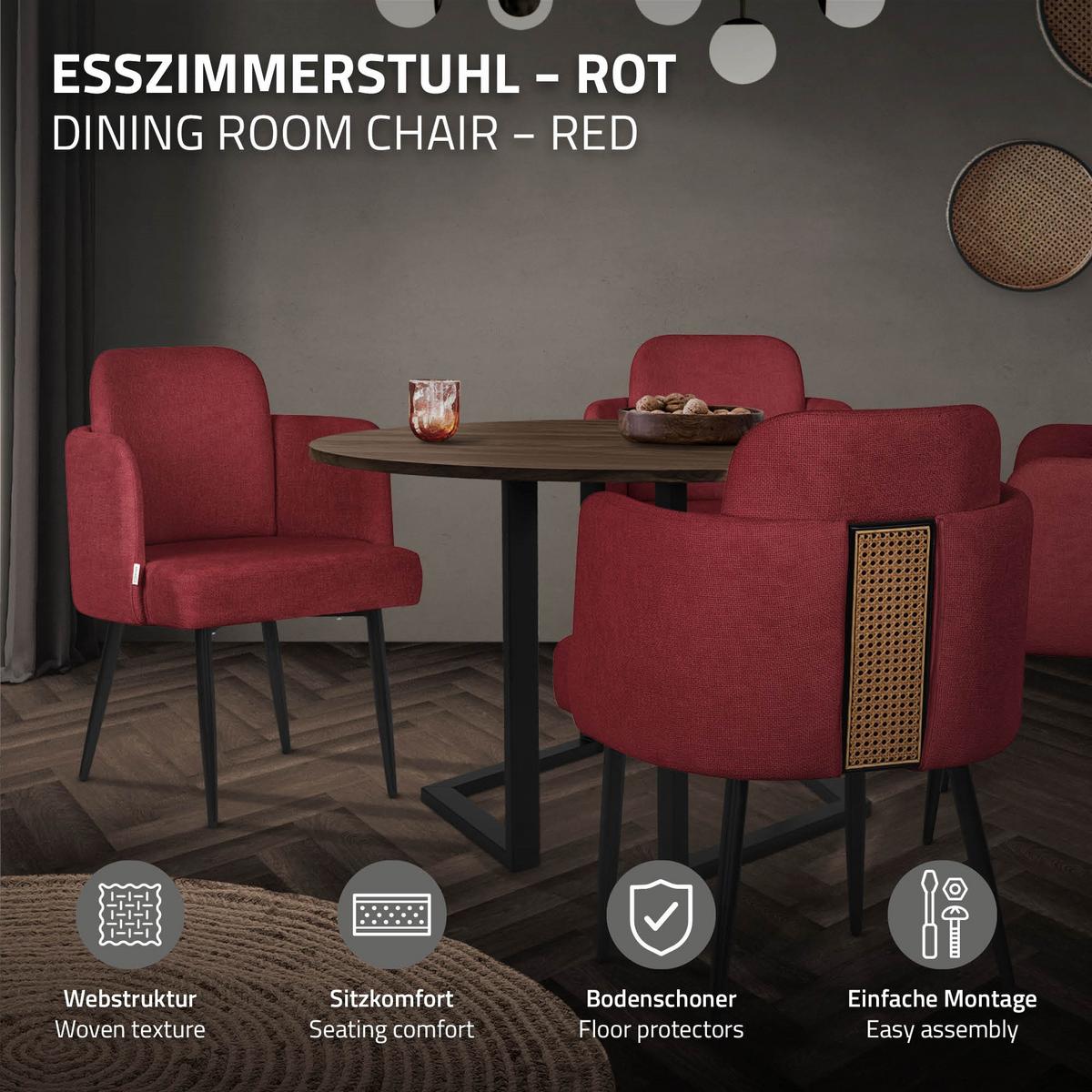 ESSZIMMERSTÜHLE 2er Set Rot mit Stoffbezug Rattan Optik - Rot/Schwarz, Textil/Metall (59/86/59cm) - ML-DESIGN
