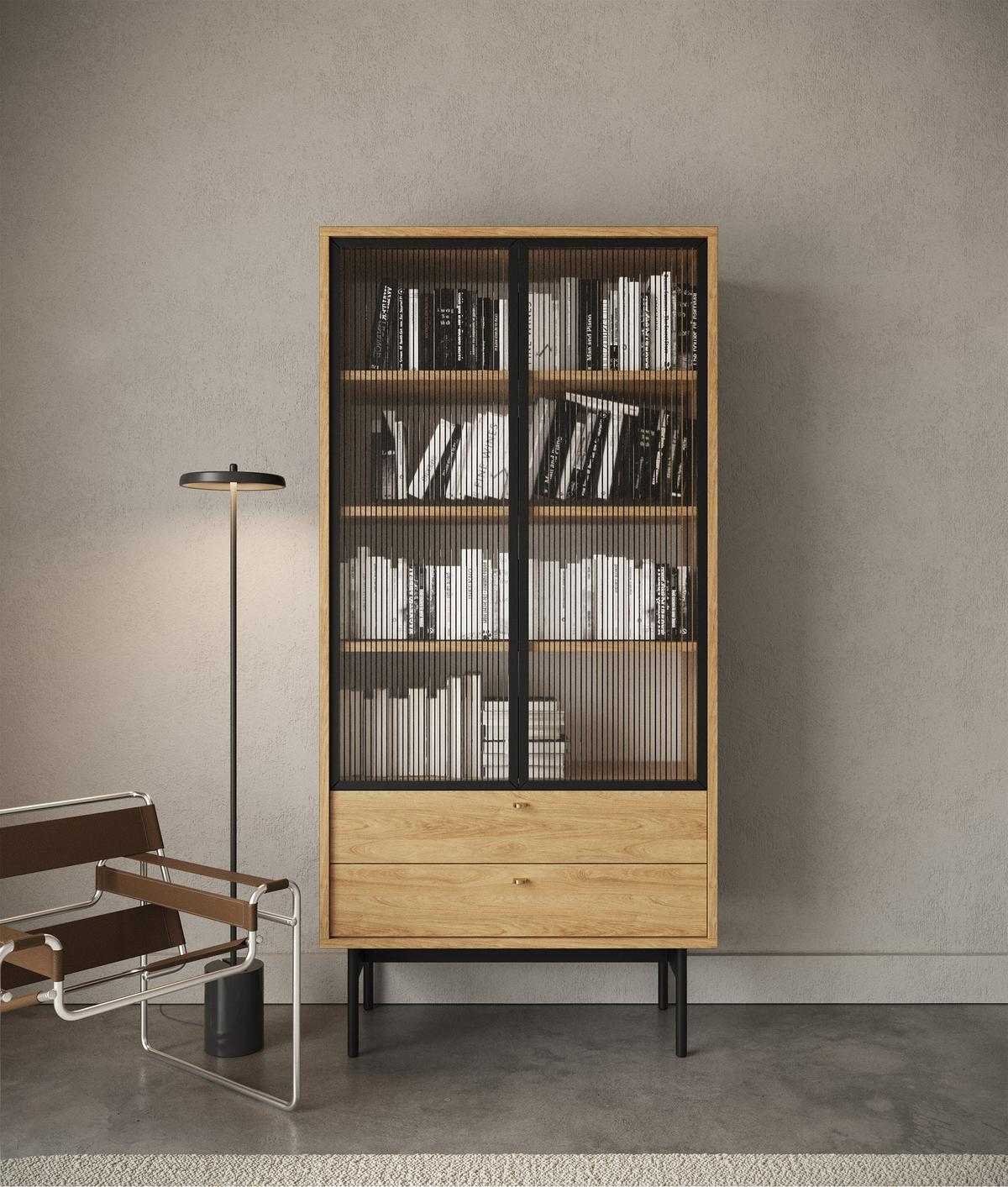 VITRINE Olar II Holzoptik Hickory Natur 85 cm - Beige/Goldfarben, Holzwerkstoff/Metall (85/179/41cm) - Selsey