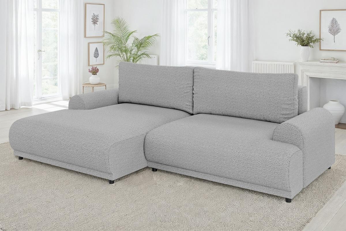 ECKSOFA mit Schlaffunktion, Bettkasten, extrabreite Ottomane links, abgerundete Armlehnen, B240/T145/H81 cm, Bezug Bouclé-Charakter Grau / 21030 - Schwarz/Grau, Kunststoff/Textil (240/145cm) - luma-home