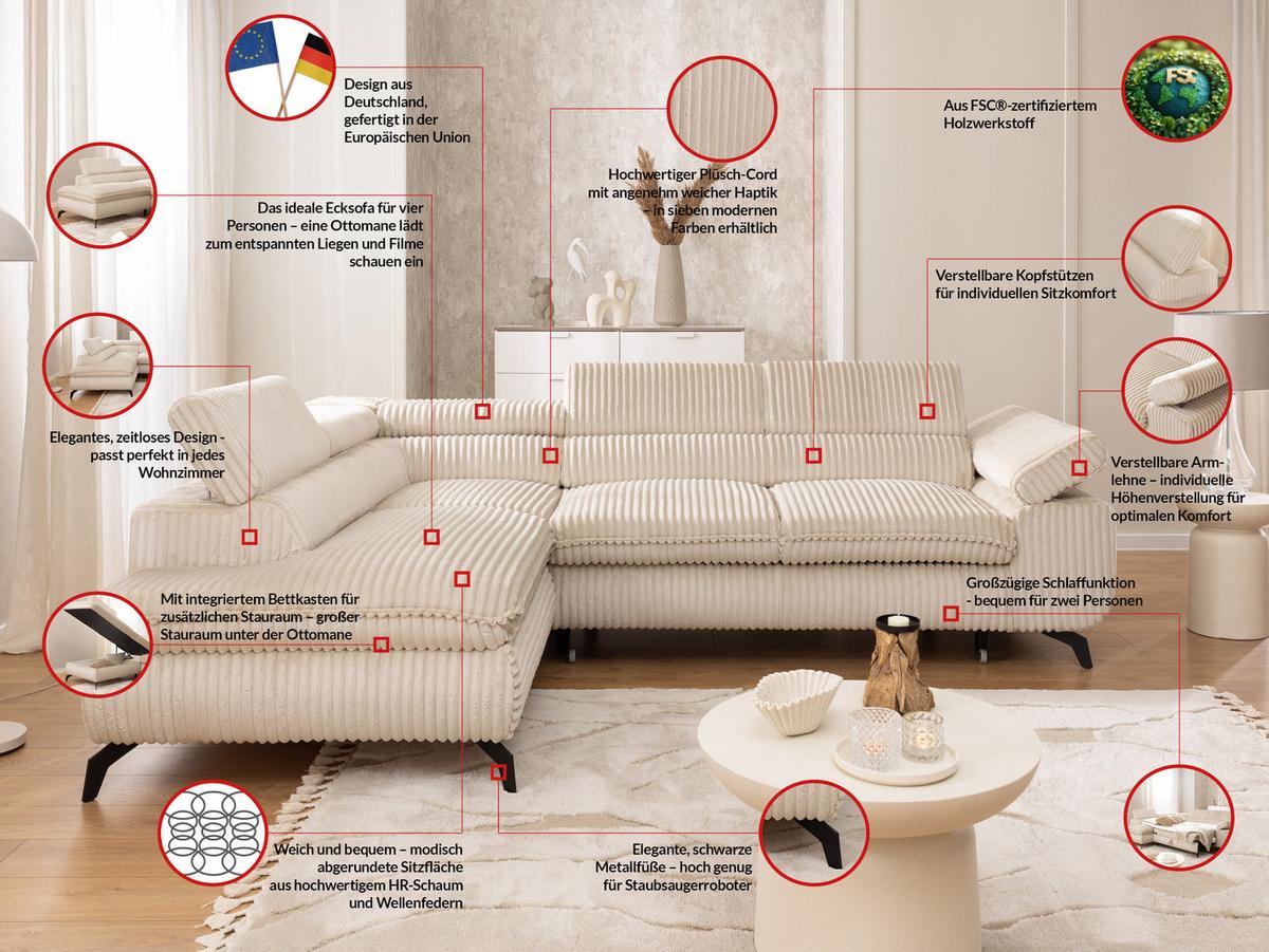 ECKSOFA mit Schlaffunktion und Bettkasten Bonnie aus Hellbeige Cord-Stoff mit verstellbaren Kopfstützen und Armlehne - Ottomane links - Beige/Schwarz, Holz/Textil (275/210cm) - S-Style Möbel