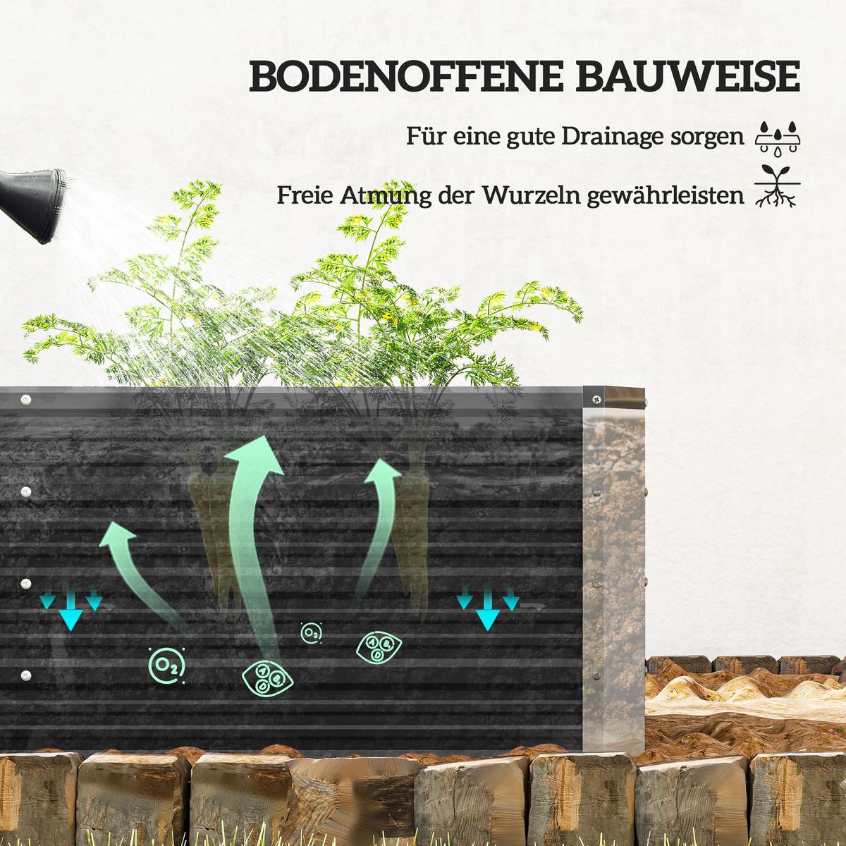 GARTENBEET, Blumenkübel mit Handschuhe, Kohlegrau, 125 x 47 x 44 cm - Grau, Metall (47/40/125cm) - Outsunny