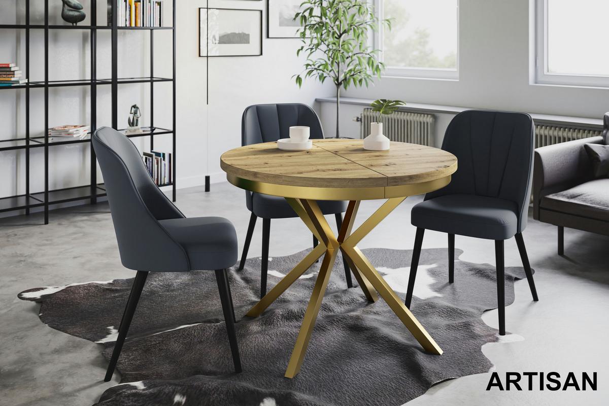 RUNDER Esszimmertisch BERGO, ausziehbarer Tisch Durchmesser: 100 cm/180 cm, Wohnzimmertisch Farbe: Mattbraun, mit Metallbeinen in Farbe Gold - Hellbraun/Goldfarben, Holzwerkstoff (100/100/76cm) - Alpi-Möbel