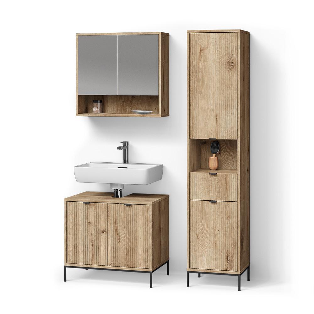 BADMÖBEL-SET ATERNO Viking Oak 3 Teile, mit Hochschrank - Eichefarben, Holzwerkstoff (70/63/45cm) - Livinity®