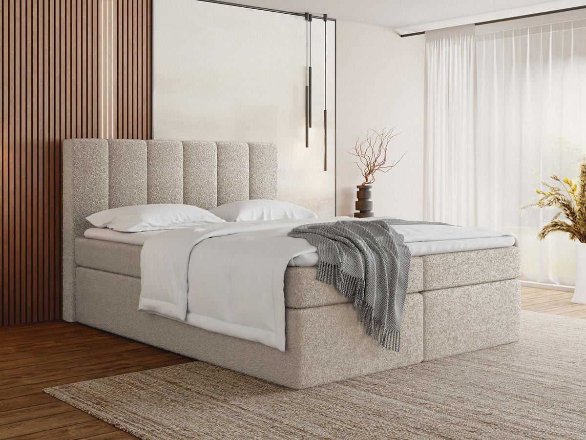 BOXBETT Amira mit Bettkasten, Boucle Beige 120/200 cm – 7-Zonen Taschenfederkern-Matratze & Komfortschaum-Topper - Beige/Schwarz, Holz/Holzwerkstoff (120/200cm) - WFL GROUP