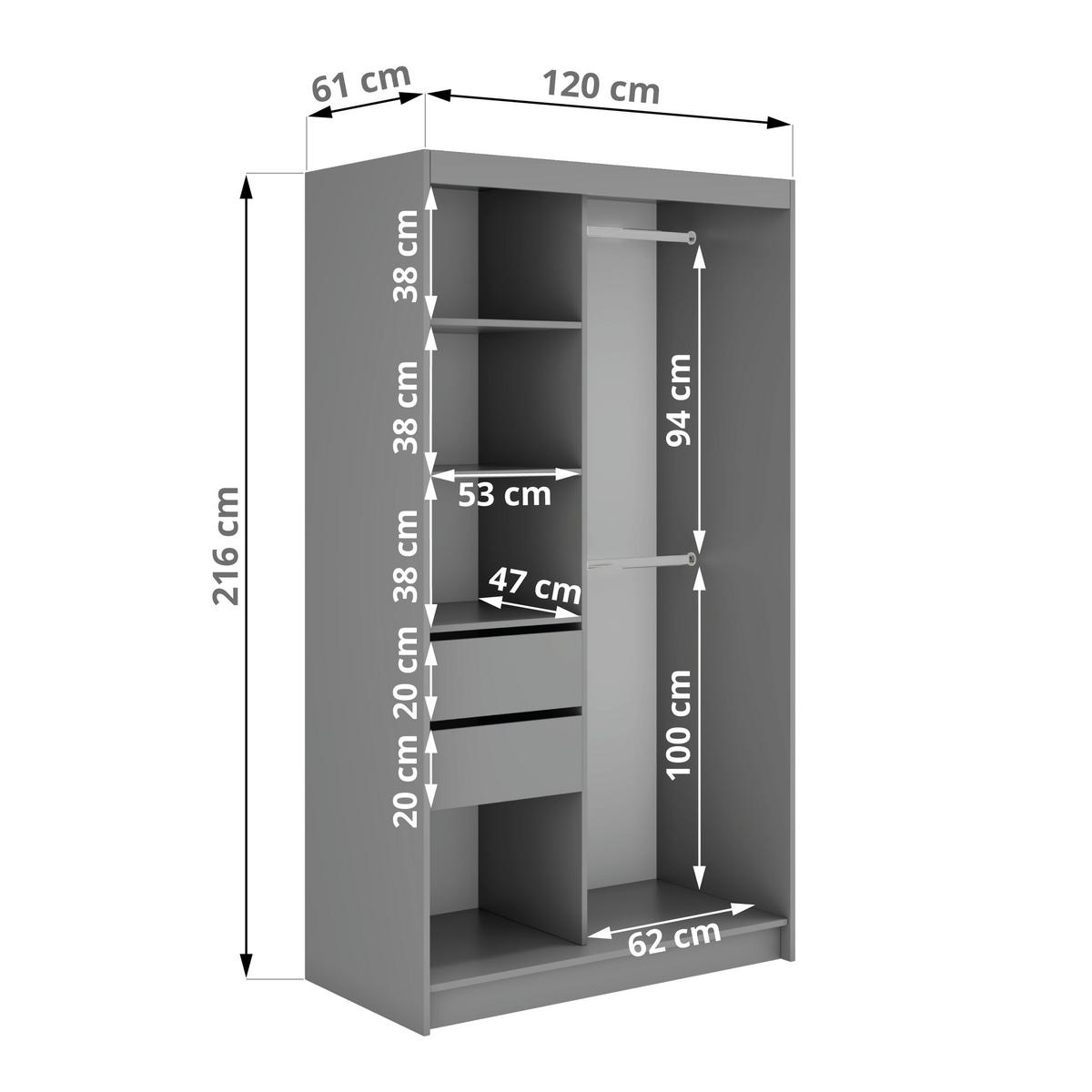 SCHWEBETÜRENSCHRANK mit Spiegel und Schubladen - WALENCJA - 120 - Grau lacobel - Alufarben/Grau, Holzwerkstoff/Metall (120/216/61cm) - MKS