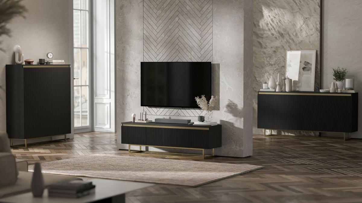 SIDEBOARD Selene 3D Schwarz Matt mit geriffelten Fronten Glamour 167 cm - Goldfarben/Schwarz, Holzwerkstoff/Metall (167/79/35cm) - Meble Lindner