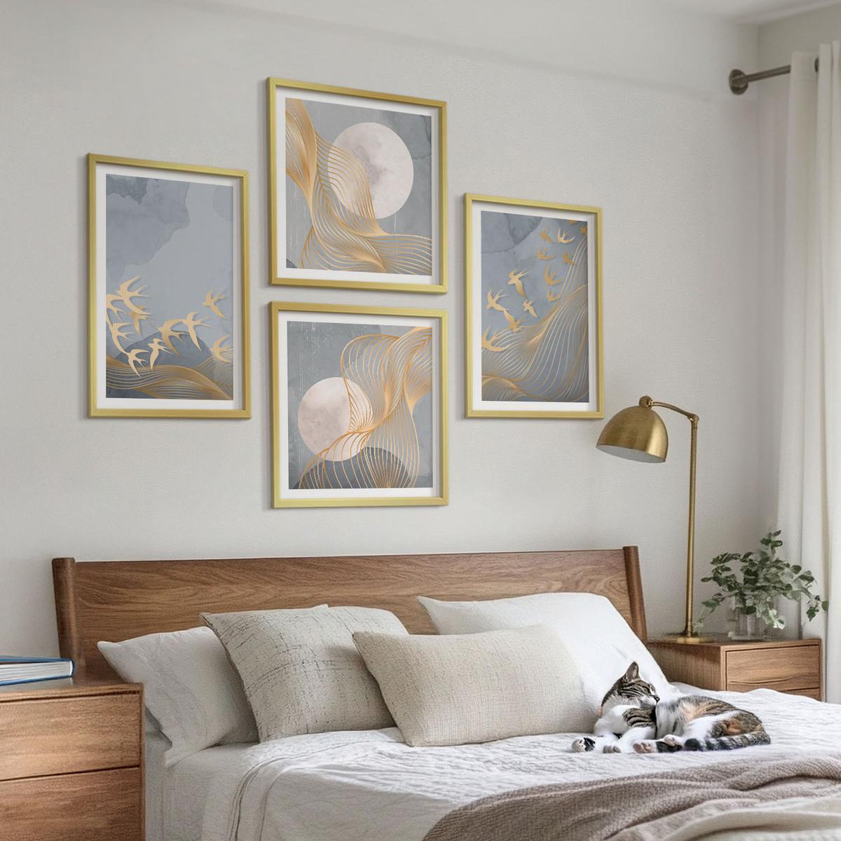 BILDER SET 4er Set - 50x50 cm & 40x60 cm Goldrahmen - Vögel im Flug, Himmel, Mond - Goldfarben, Kunststoff (50/50cm) - TULUP