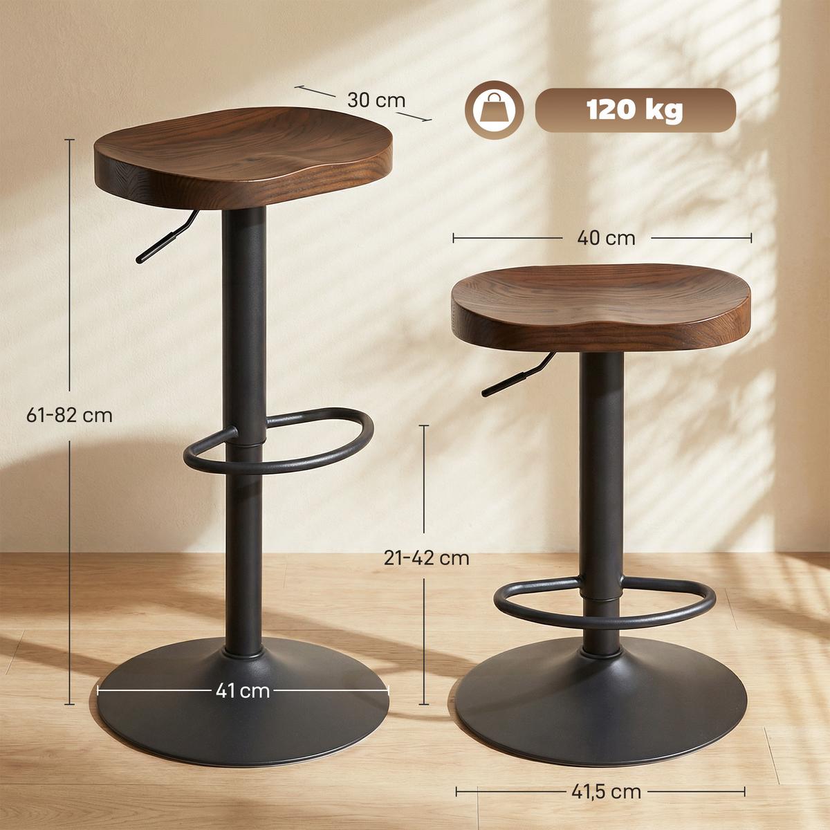 BARHOCKER 2er Set Ulmenholz Metall Dunkelbraun - Dunkelbraun/Schwarz, Holz/Metall (41.5/82/41.5cm) - HOMCOM