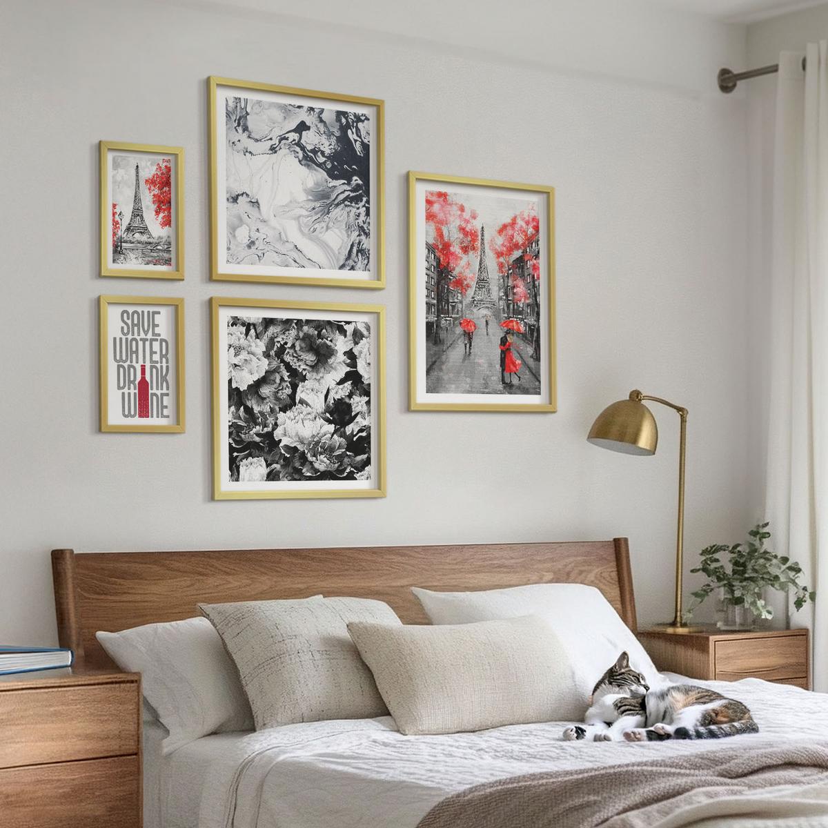 BILDER SET 5er Set - 50x50 cm & 20x30 cm & 40x60 cm Goldrahmen - graue Gemälde des Eiffelturms - Goldfarben, Kunststoff (40/60cm) - TULUP