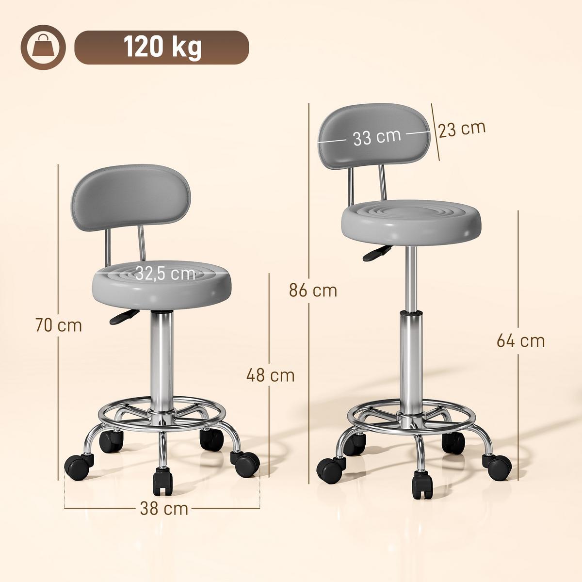 ROLLHOCKER höhenverstellbar Drehhocker Drehbar Salon Hocker mit Lehne, Rädern - Silberfarben/Grau, Kunststoff/Textil (32/86/40cm) - HOMCOM