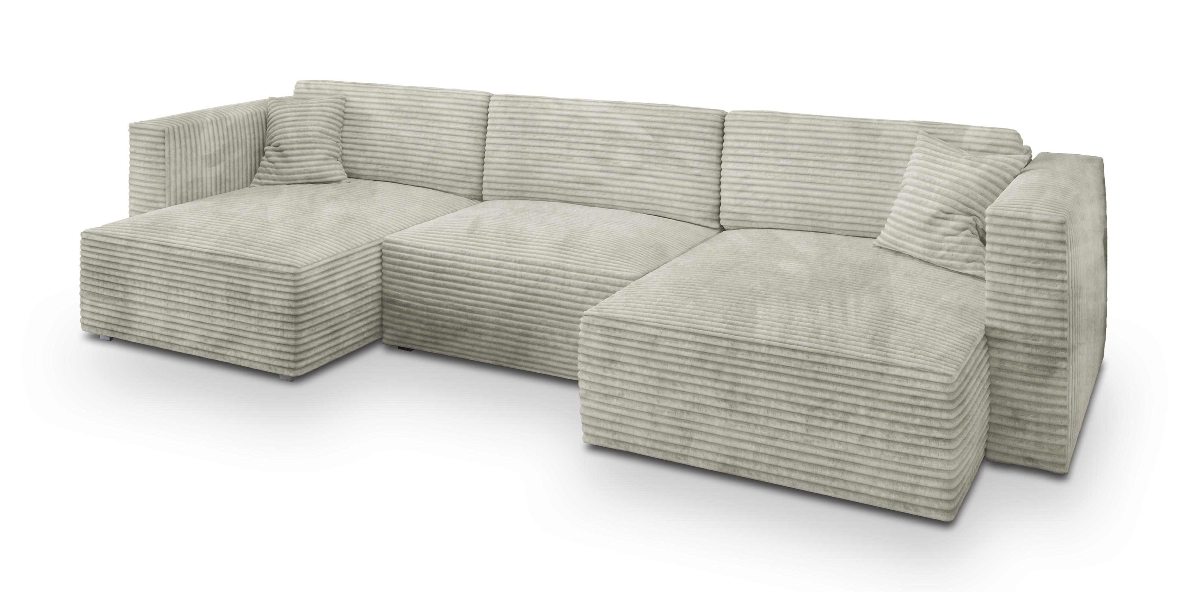 WOHNLANDSCHAFT SARMO Hellgrau Kordstoff mit Schlaffunktion - Hellgrau/Grau, Holz/Kunststoff (347/90/148cm) - MASSENO