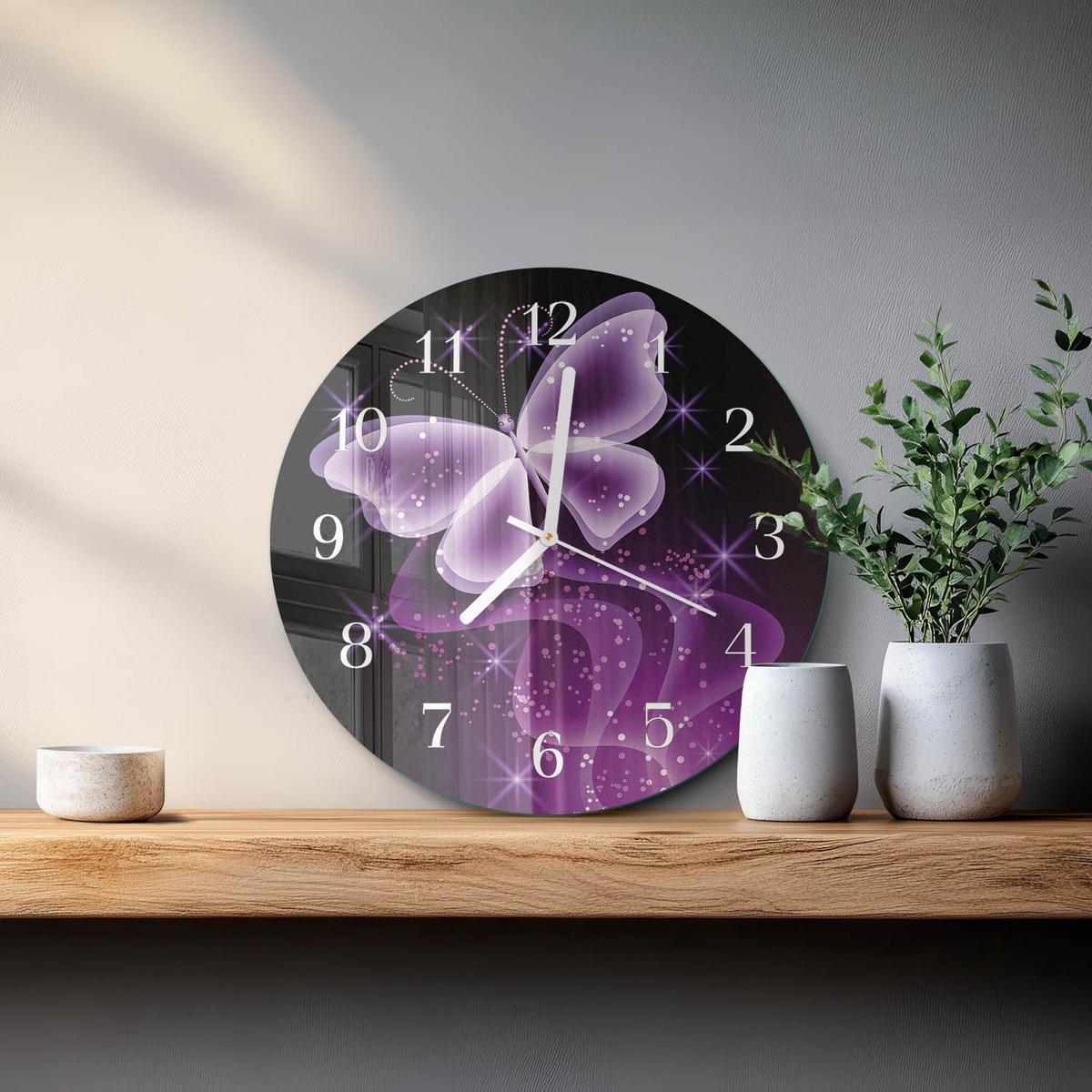 WANDUHR aus Glas Ø30 cm - Schmetterling - Lila, Glas (30/30/0.4cm) - TULUP