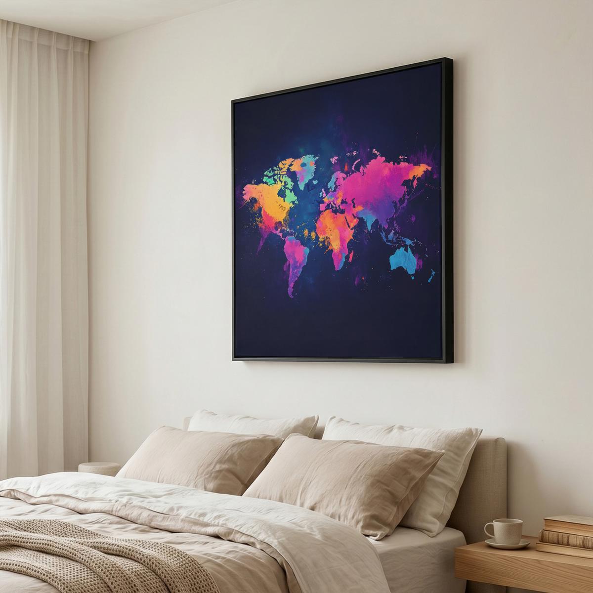 LEINWAND Bilder mit Rahmen - Weltkarte - Bunt - Graffiti - 90x90 - Multicolor, Textil (90/90cm) - MuchoWow