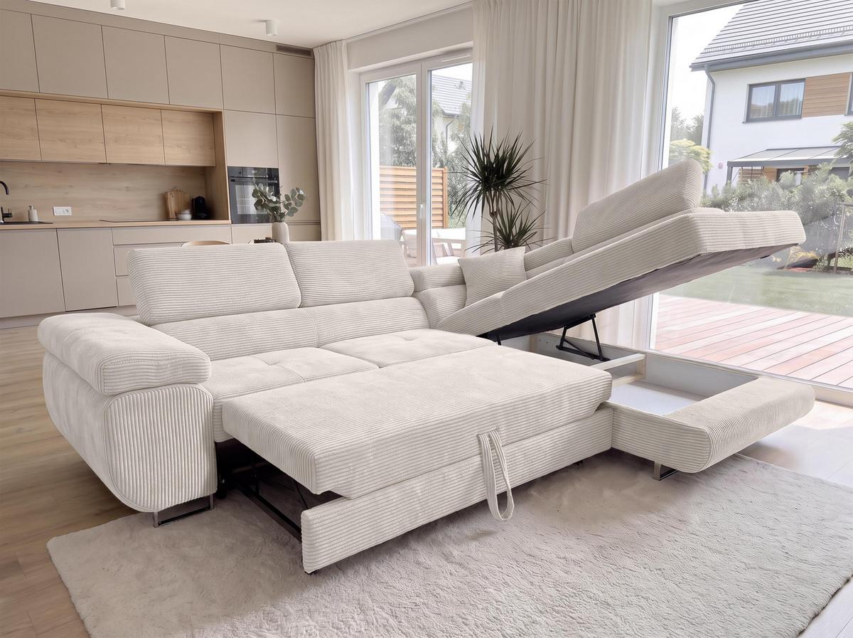 ECKSOFA L Form Konak Cremeweiß 276/201/90 cm Rechts mit Schlaffunktion - Silberfarben/Creme, Textil/Metall (276/203cm) - AX Living