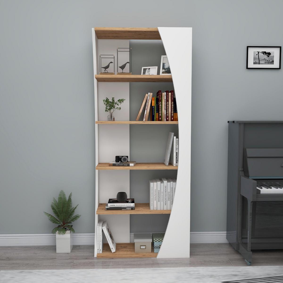 REGAL 5 Regale weiß und atlantische Pinie Dekor H150 cm - Selge - Weiß, Holzwerkstoff (23.8/150/27cm) - Calicosy
