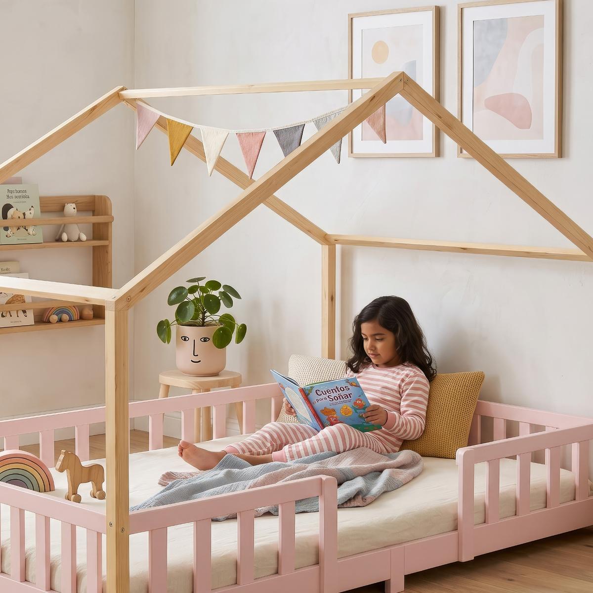 HAUSBETT Treviolo - Pink/Naturfarben, Holz (140/200cm) - [en.casa]
