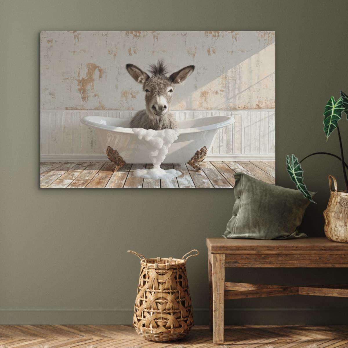 AKUSTIKBILD Esel - Tiere - Badewanne - Schaumstoff Wandbild Wohnzimmer 100x70 cm - Weiß, Kunststoff (100/70/0.9cm) - MuchoWow
