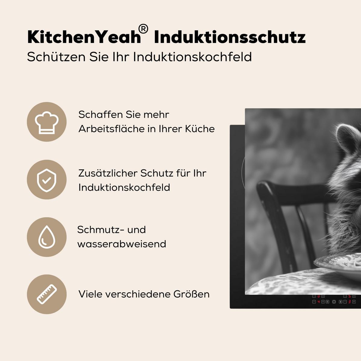 HERDABDECKPLATTE Waschbär - Niedlich - Pasta - Tischtuch - Schwarz - Weiß Ceranfeldabdeckung 85x52 cm - Grau, Kunststoff (85/52/0.2cm) - MuchoWow