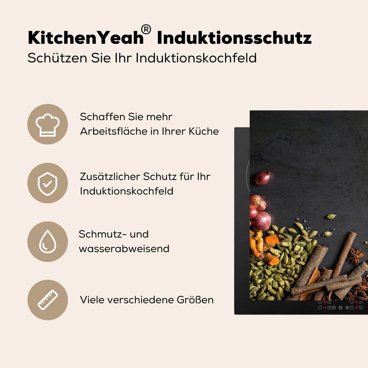 HERDABDECKPLATTE Kräuter - Lebensmittel - Gewürze - Schwarz - Paprika - Zimt Induktionsschutz 91.2x52 cm - Currygelb, Kunststoff (91.2/52/0.2cm) - MuchoWow