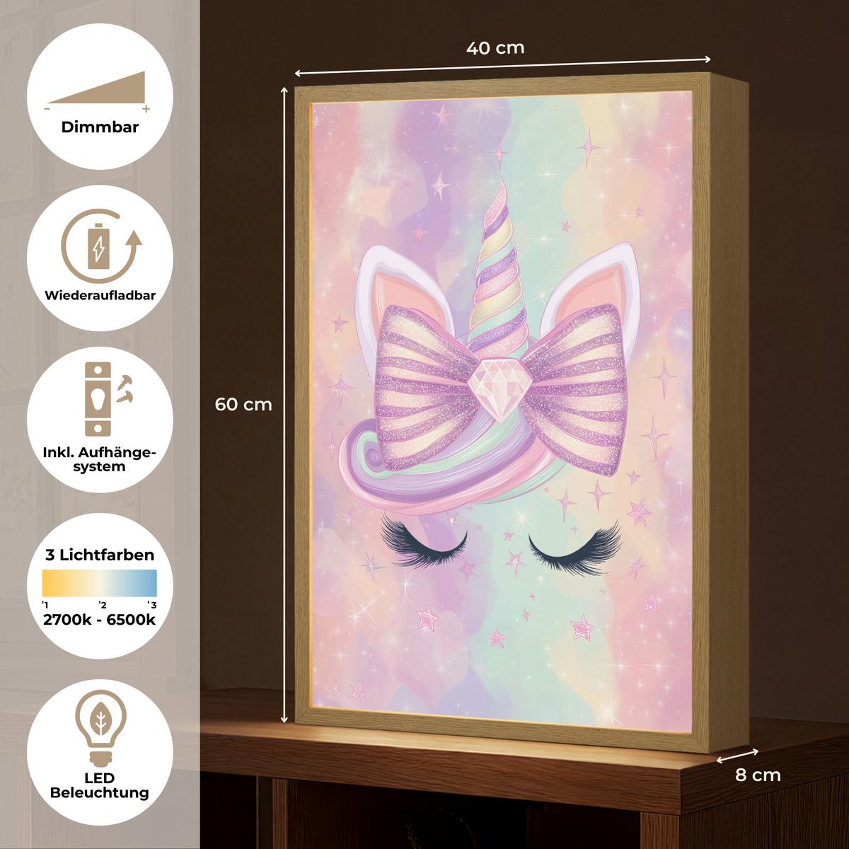WANDLEUCHTE MIT AKKU Einhorn - Glitzer - Regenbogen - Pastell 40x60 cm - Hellrosa, Holzwerkstoff (40/60/8cm) - OnlyWow