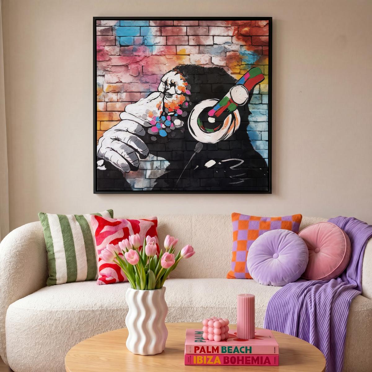 LEINWAND Bilder mit Rahmen - Affe - Graffiti - Musik - 90x90 - Multicolor, Textil (90/90cm) - MuchoWow