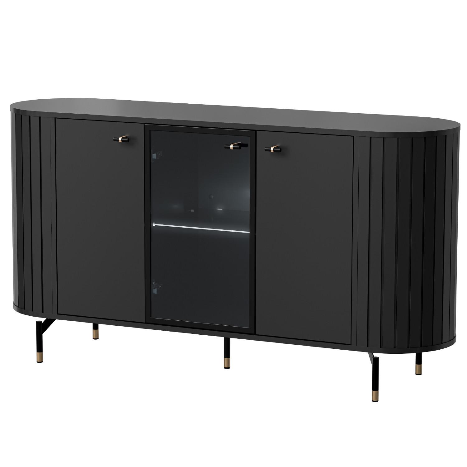 KOMMODE Zalia mit LED-Beleuchtung, 3 Türen, Glastür und Stauraum, 150 cm, im Retro-Stil, Schwarz - Schwarz, Holzwerkstoff (150/81/40cm) - Beautysofa